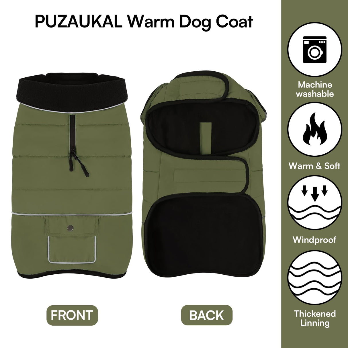 PUZAUKAL Dog Coat, Large Dog Jacket, Windproof Dogs Puffer Jacket, Fleece Lined Warm Dogs Winter Coat with Harness Hole (Army Green XL)