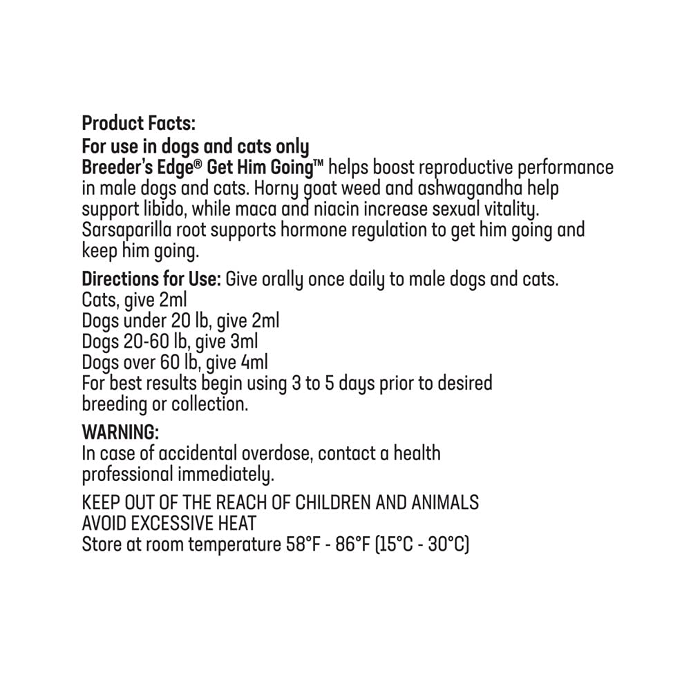 Breeder’s Edge Get Him Going, Reproductive Performance Supplement for Male Dogs and Cats, Supports Libido, Energy, Hormone Balance and Fertility, Horny Goat Weed, Maca, Ashwagandha, Made in USA, 30 ml