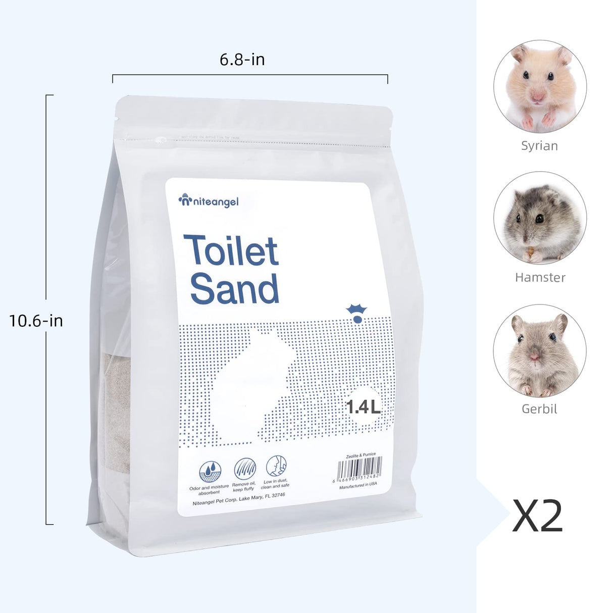 Niteangel Training Litter Potty Sand - Hamster Sand Bath for Syrian Dwarf Hamsters Gerbils Mice Lemming Degus or Other Small-Sized Pets ((1.4 L X 2 - Blue Label)