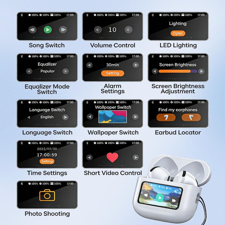 Wireless Earbuds with Multifunctional Touch Screen & 16 Language Switching Bluetooth 5.4 High-Fidelity Stereo Sound Clear Calls Compatible with Android & iOS
