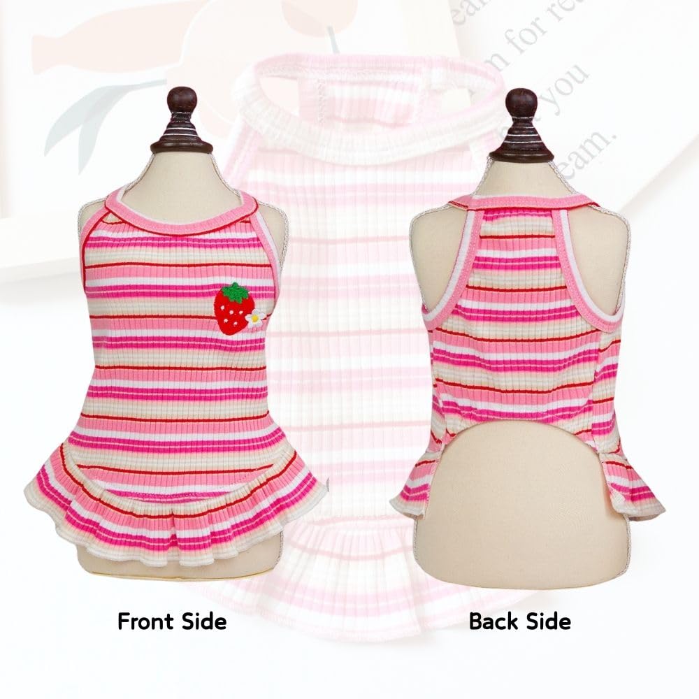 2PCS Charming Striped Dog Dress with Strawberry Patch & Lace Trim, Soft Elastic Cotton Clothes in Pink & Green, Perfect Outfit for Small Dogs, Puppies & Cats(2PCS A,XL)