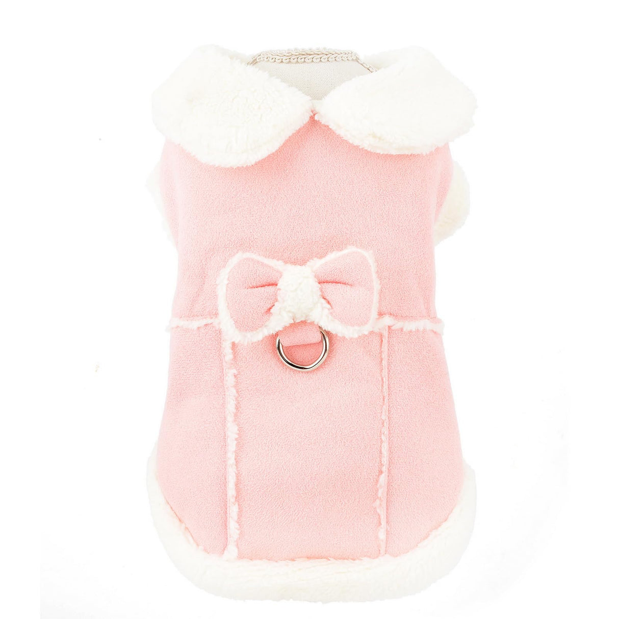 SMALLLEE_LUCKY_STORE Fleece Dog Coat for Small Dog Pet Harness Jacket with Bow and D-Ring, Soft Vest Fall Winter Clothes with Fuzzy Collar Chihuahua Yorkie Cat Apparel, Pink, L