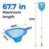 Mowend Swimming Pool Skimmer Net Total Length 67.7 inches, Leaf Rake Net with Adjustable Aluminum Pole for Fast Cleaning Ponds, Hot Tub, and Spas, Pool Cleaner Supplies and Accessories