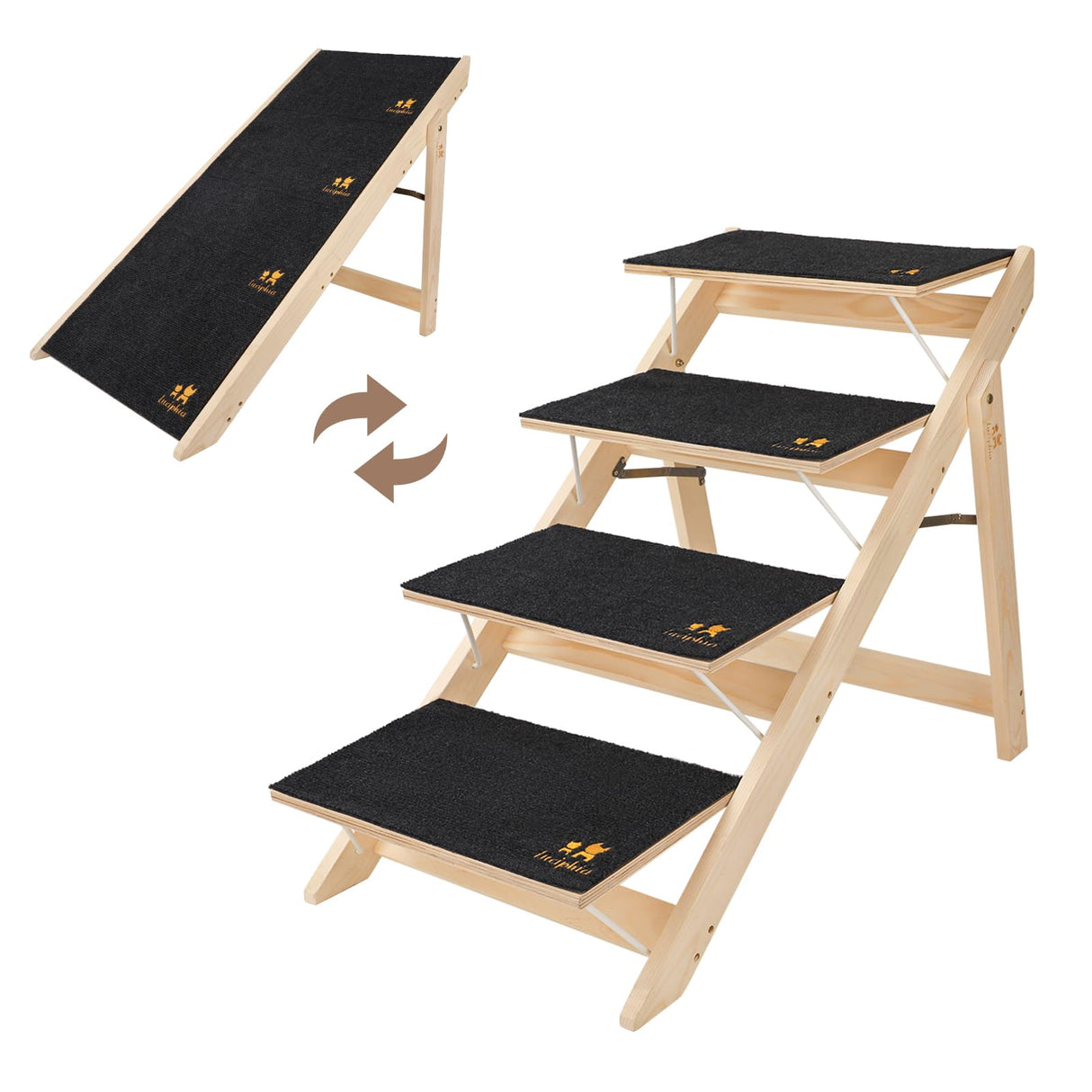 Luciphia Wooden Dog Stairs for Small Dogs 2-in-1 Foldable Dog Steps for Beds Cars Couch Anti-Slip Pet Ramp with 4 Steps Indoor Pet Stairs for Medium Large Older Pets Cats up to 220lbs