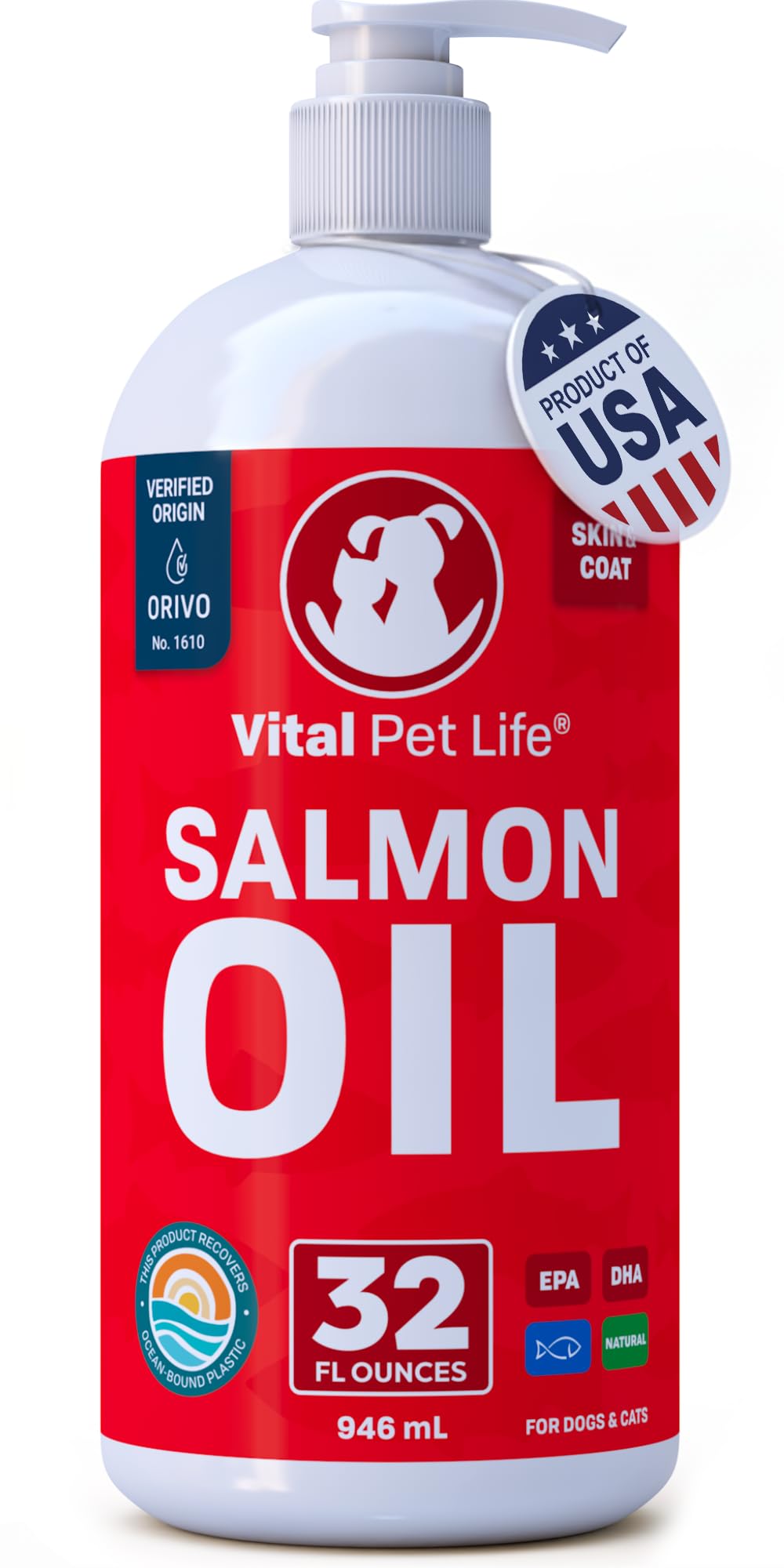 Salmon Oil for Dogs & Cats - Healthy Skin & Coat, Fish Oil, Omega 3 EPA DHA, Liquid Food Supplement for Pets, All Natural, Supports Joint & Bone Health, Natural Allergy & Inflammation Defense, 32 oz