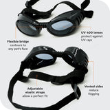 PetSpex® Dog and Cat Sunglasses, Pet Goggles with UV Protection, Windproof Water Resistant Pet Glasses with Adjustable Head and Chin Straps for Outdoor Adventures, Small, Black