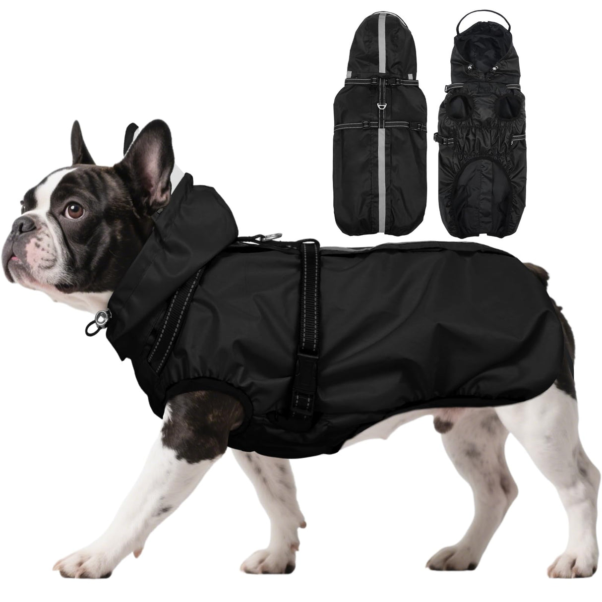 OUOBOB Dog Raincoat for Medium Dogs, Dog Rain Jacket with Adjustable Built-in Harness & Back Zipper, Reflective Strip, Removable Hood, for Rainy Walks, Muddy Roads or After-Bath Outings - Black M