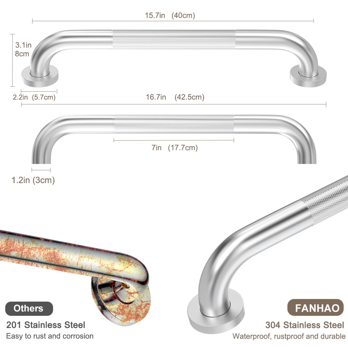 FANHAO 2 Pack Shower Grab Bar, 16 Inch Stainless Steel Bathroom Grab Bar with Anti-Slip Knurled Grip, Heavy Duty Shower Handle Bath Handle, Safety Bars for Elderly or Handicapped (Brushed)