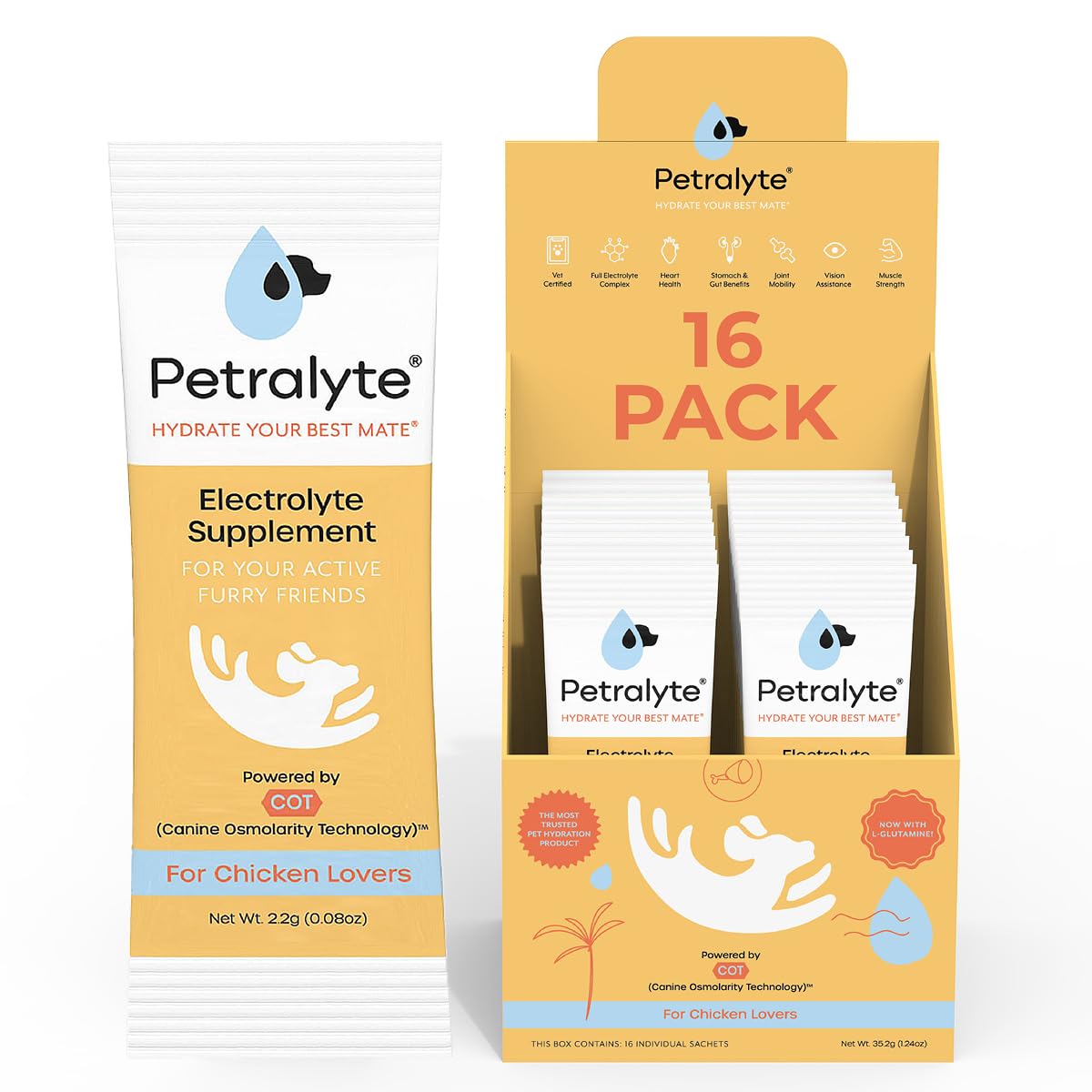 Petralyte Dog Electrolytes and Joint Supplement | Hydration Support for Dogs w/Glucosamine, Chondroitin & More | Electrolytes for Dogs with Prebiotics | for Chicken Lovers | 16 Packets