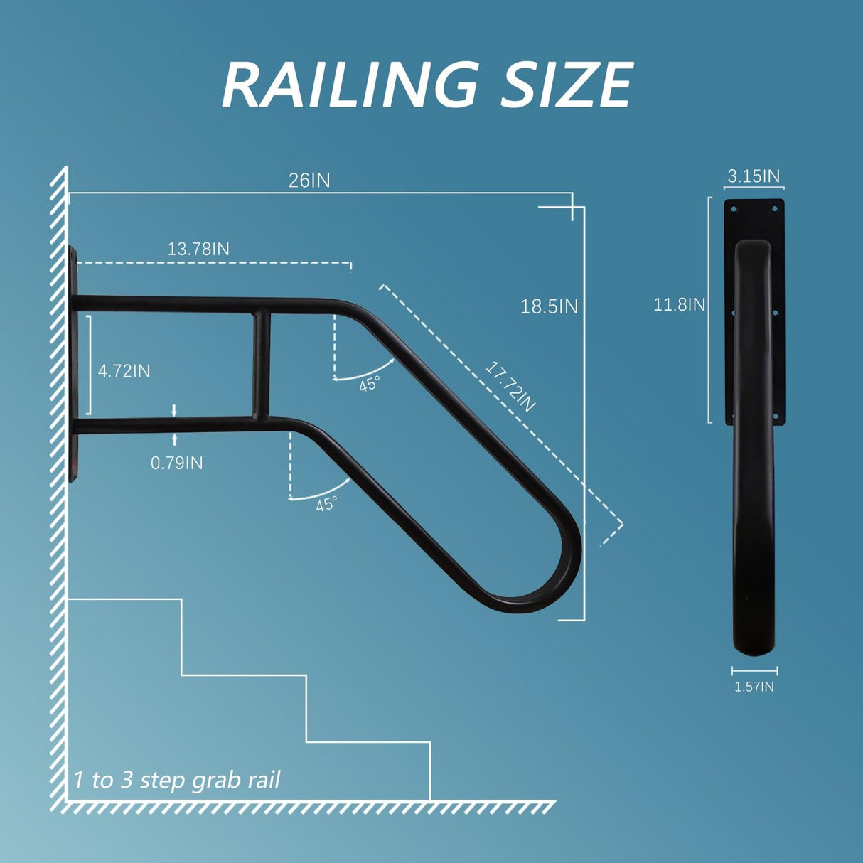 YEOOE Handrails for Outdoor Steps Wall Mount, Railings for 1-3 Steps, U-Shaped Handrail with Powder Coated, Stair Handrails for Kids, Elderly, Pregnant Women, Disabled (26" Length, Oval Pipe)