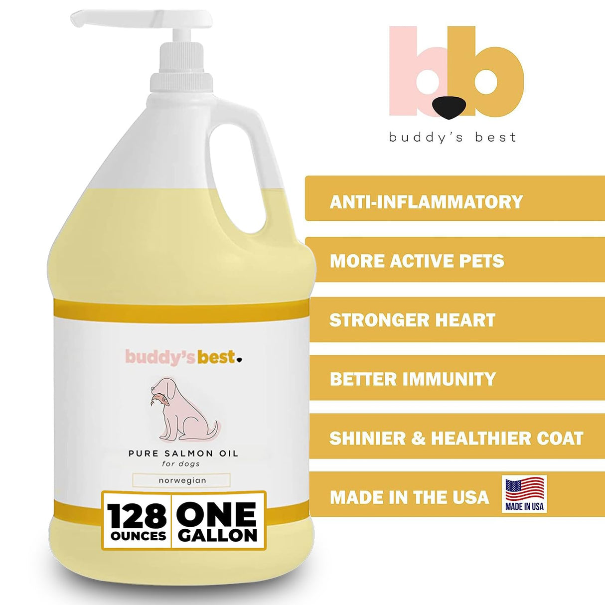 Salmon Oil for Dogs by Buddy’s Best – 1 Gallon (128oz) | 100% Norwegian Fish Oil | Human-Grade & Odorless | Omega 3 Supplement for Coat & Joints