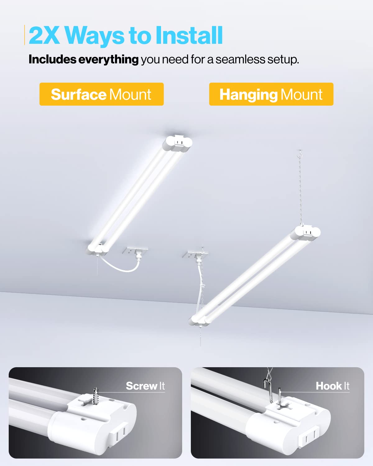 Sunco 12 Pack LED White Hanging Workshop Garage Shop Light 4FT, Plug in Linkable Utility Fixture, 6000K Daylight Deluxe, 40W=260W, 4100 LM, Integrated T8, Pull Chain - ETL