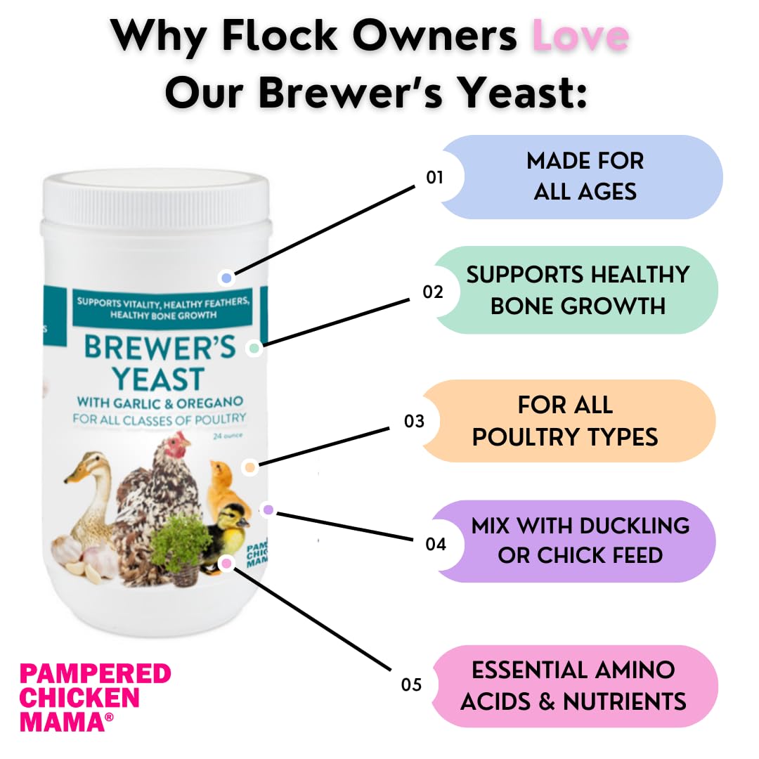 Brewer's Yeast for Ducks & Chickens with Garlic & Dried Oregano (24 Ounce) | Niacin for Ducks, Chicks, and Adult Chickens | Chicken Probiotic & Amino Acids| Pampered Chicken Mama (24 Ounce)