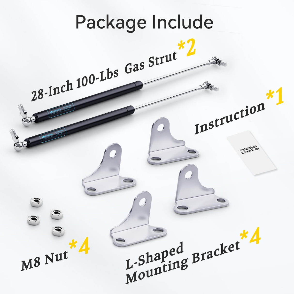 ARANA Gas Struts 28 inch 100lb with Brackets (2 Pack) - Heavy Duty Lift Support for RV Bed Hatch & Storage Box Lid - Hydraulic Spring Shocks for Camper Bed, Cellar Door, Food Truck Window