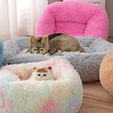 La La Pet® Donut Dog Cat Bed Cozy Cave Pet Bed Burrow Dog Bed Calming Cuddler Self-Warming Pet Bed Soft Plush Pet Cushion Improved Sleep for Cats Small Medium Dogs Rainbow L