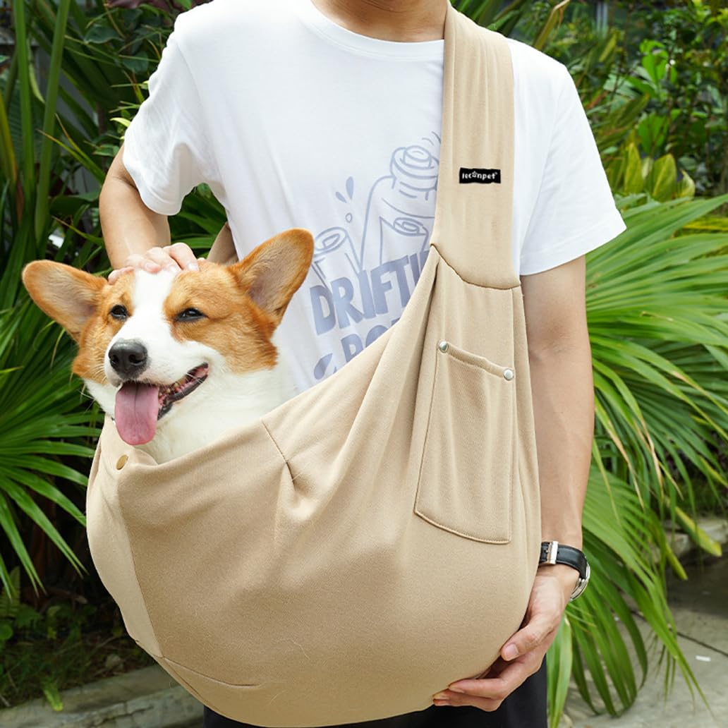 Leconpet Dog Sling Carrier Shoulder Bag for Pets with Mobile Phone Pocket Safety Buckle Security Lock, Suitable for Puppy, Small Dogs, and Cats for Outdoor Travel (Khaki)