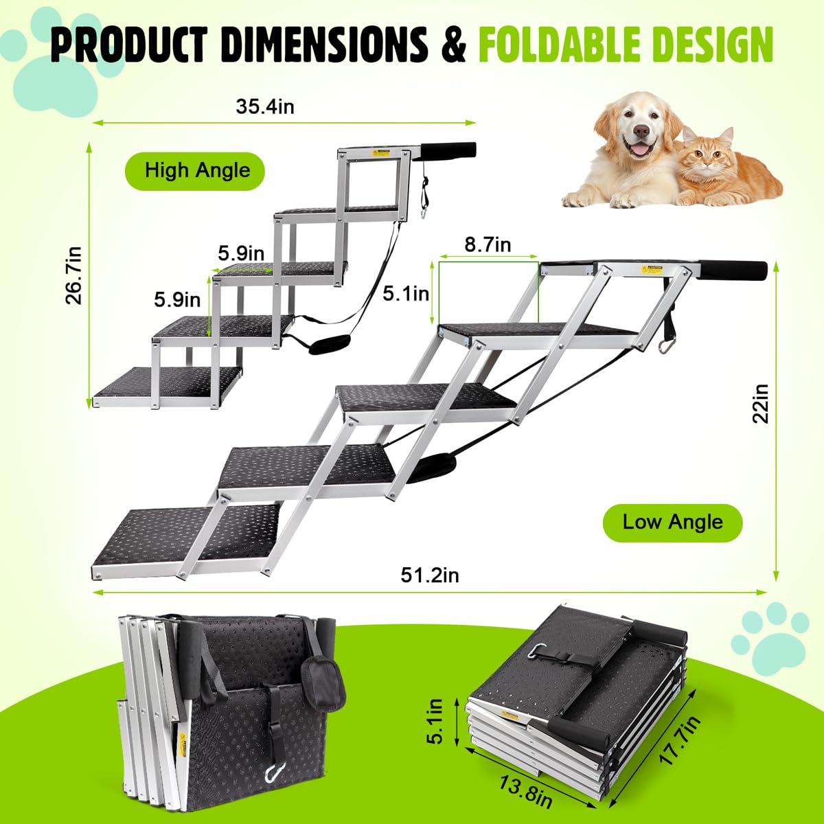 Dog Car Ramp for Large Dogs SUV, 5 Step Folding Dog Stairs with Non- Slip Surface & Reinforced Design, Foldable Pet Stairs Support Up to 200lbs- Suitable for SUV, Truck, Sofas, Bed