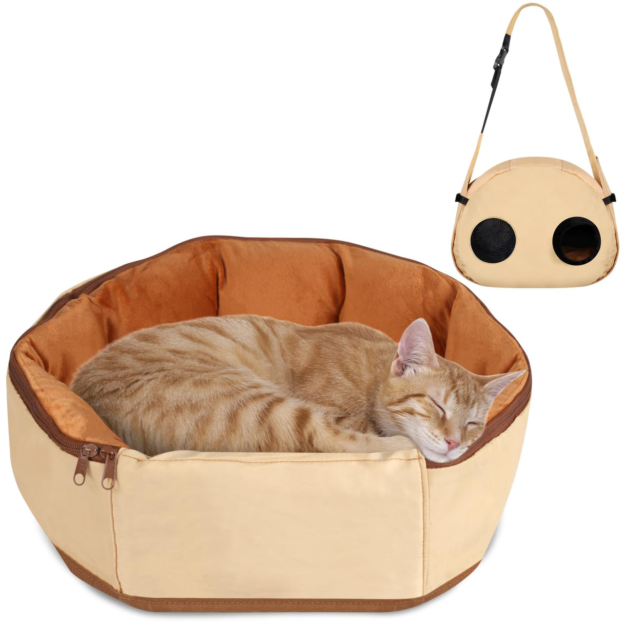 2-in-1 Convertible Pet Sling Carrier & Bed - with Breathable Mesh, Adjustable Strap & Pocket，for Travel, Vet Visit & Home Use, Up to 22lbs (KAKI)