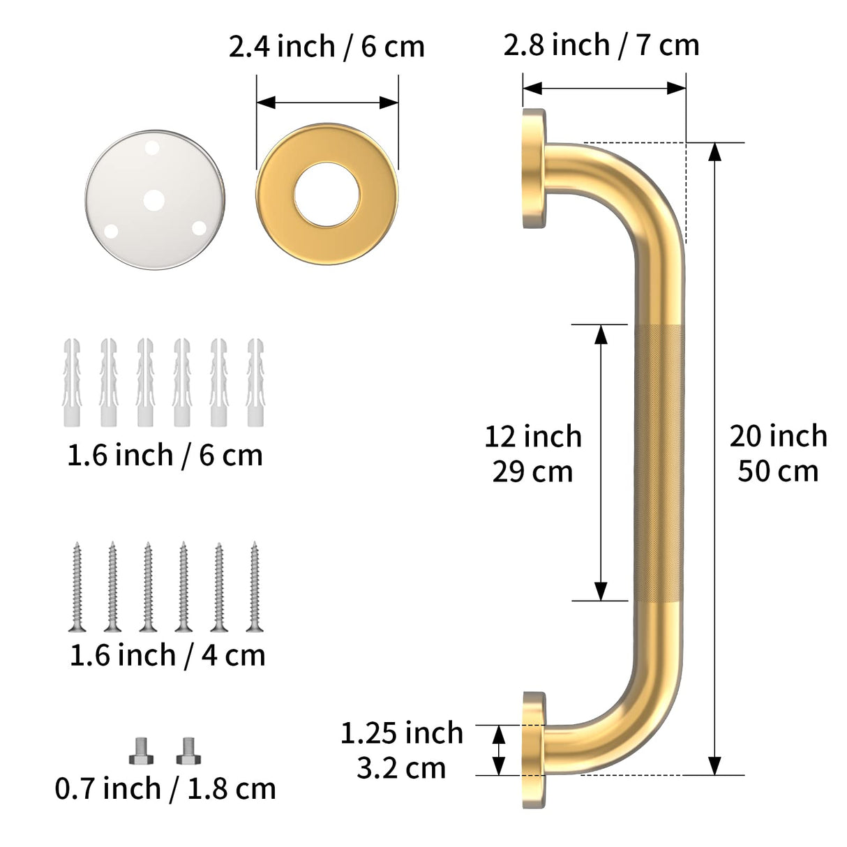 20 Inch Anti Slip Shower Grab Gold, Munzong Bathroom Grab Bar, Knurled Bathroom Balance Bar,Safety Hand Rail Support Handicap Elderly Injury Senior Assist Bath Handle