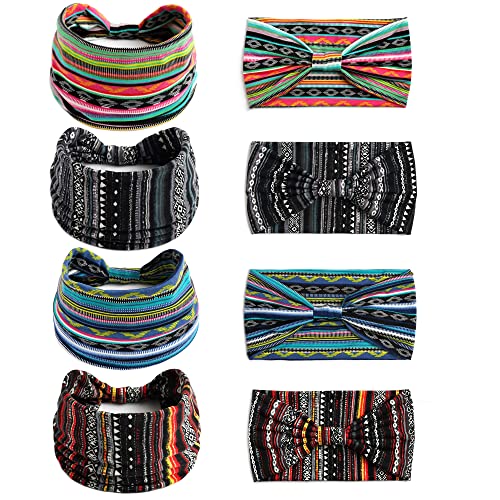 Boho Headbands For Women Fashion Stretch Wide Hair Bands Knoted Turban Head Bands Yoga Running Sweatband Elastic Headband Stylish Wrap Headbands Hair Accessories for Teen Girls 4 Pack