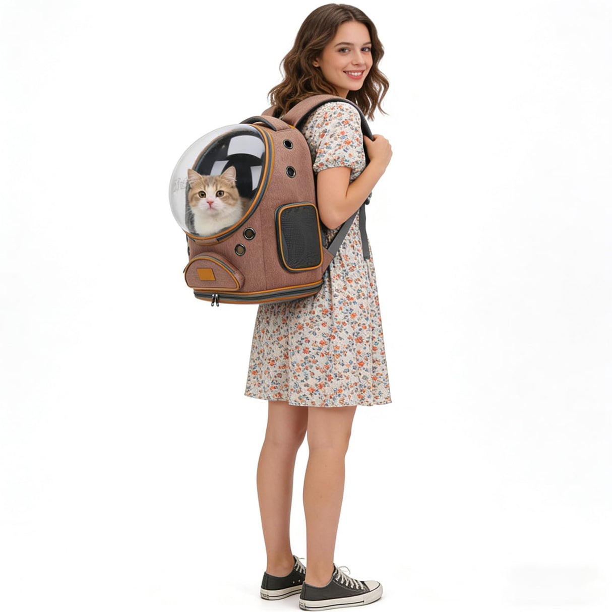 Cat Backpack Carrier, Breathable Cat Carrier Large Space Bubble Pet Backpack for Small Dog and large cat up to 18lbs, Transparent & Foldable Pet Carrier for Travel Hiking (Brown)