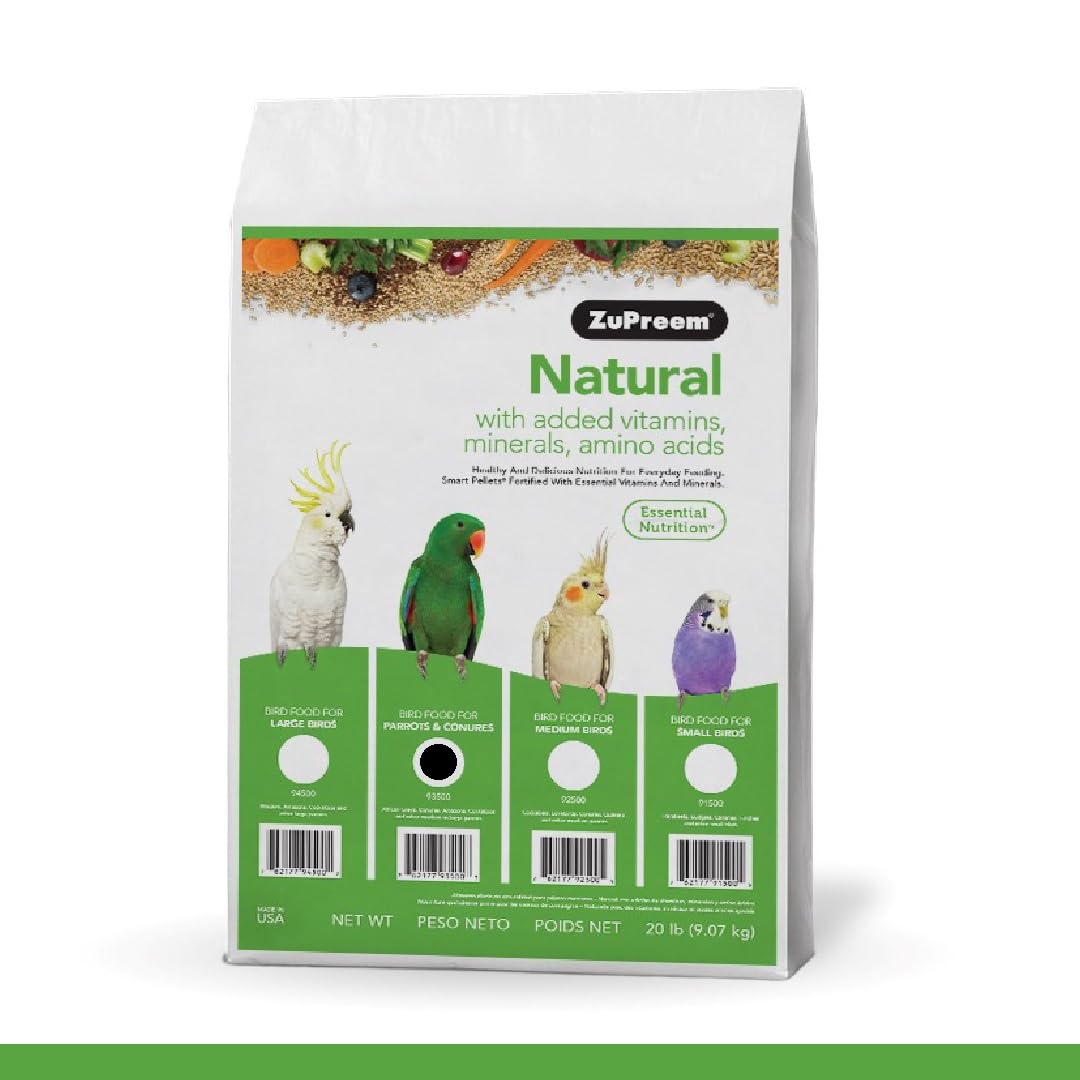 ZuPreem Natural Bird Pellets, Daily Bird Food for Parrot, Conure, Caique, African Grey, Eclectus, Small Cockatoo, Core Nutrition for Medium Large Birds, Added Vitamins, Parrot Food (M/L, 20 lb)