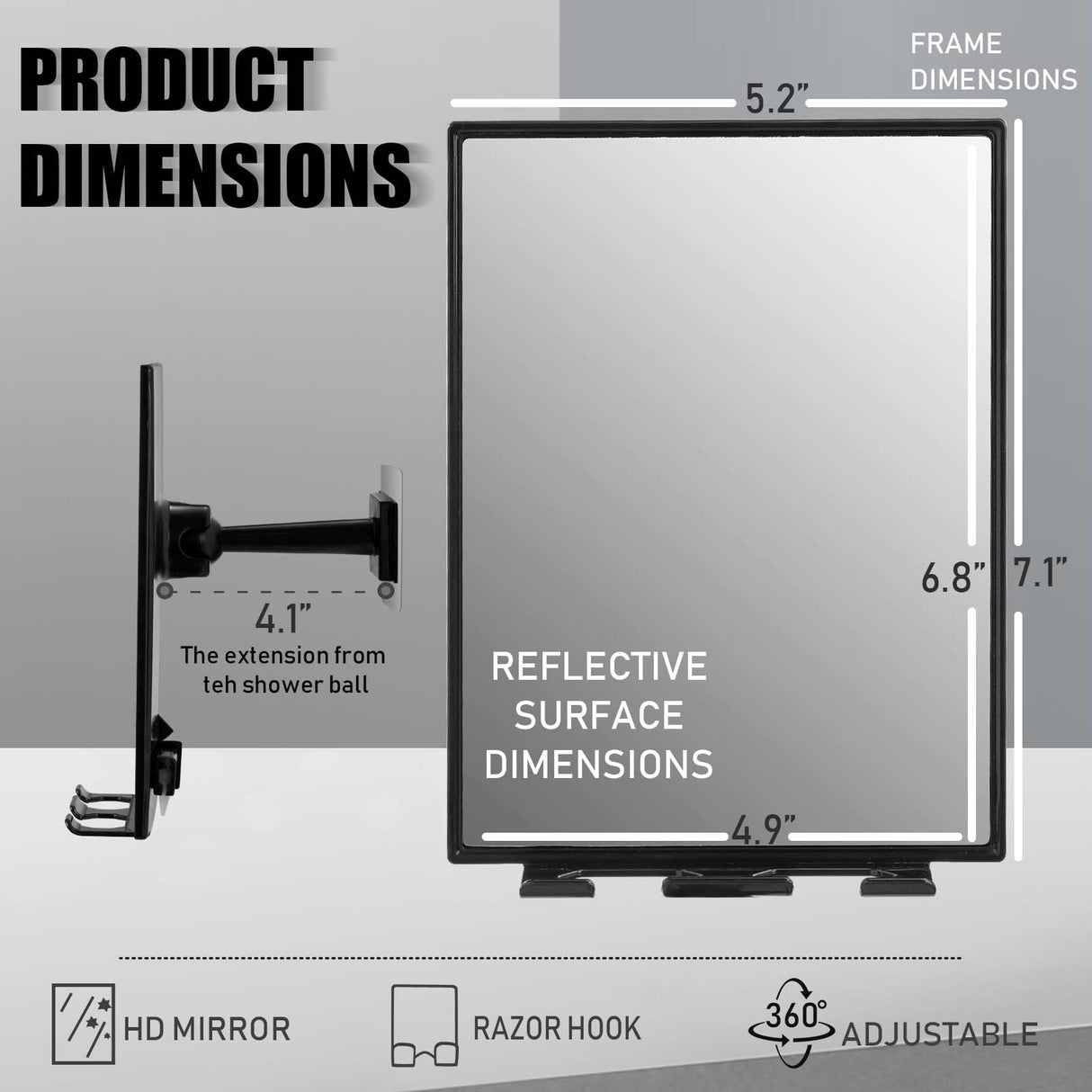 LFOYOU Shower Mirror for Shaving & Washing Your Face with a Squeegee - Built-in Two Razor Holder, 360°Rotation Adjustable Shaving Bathroom Mirror - Easy Install, Home Shower Accessory(Not Fogless)