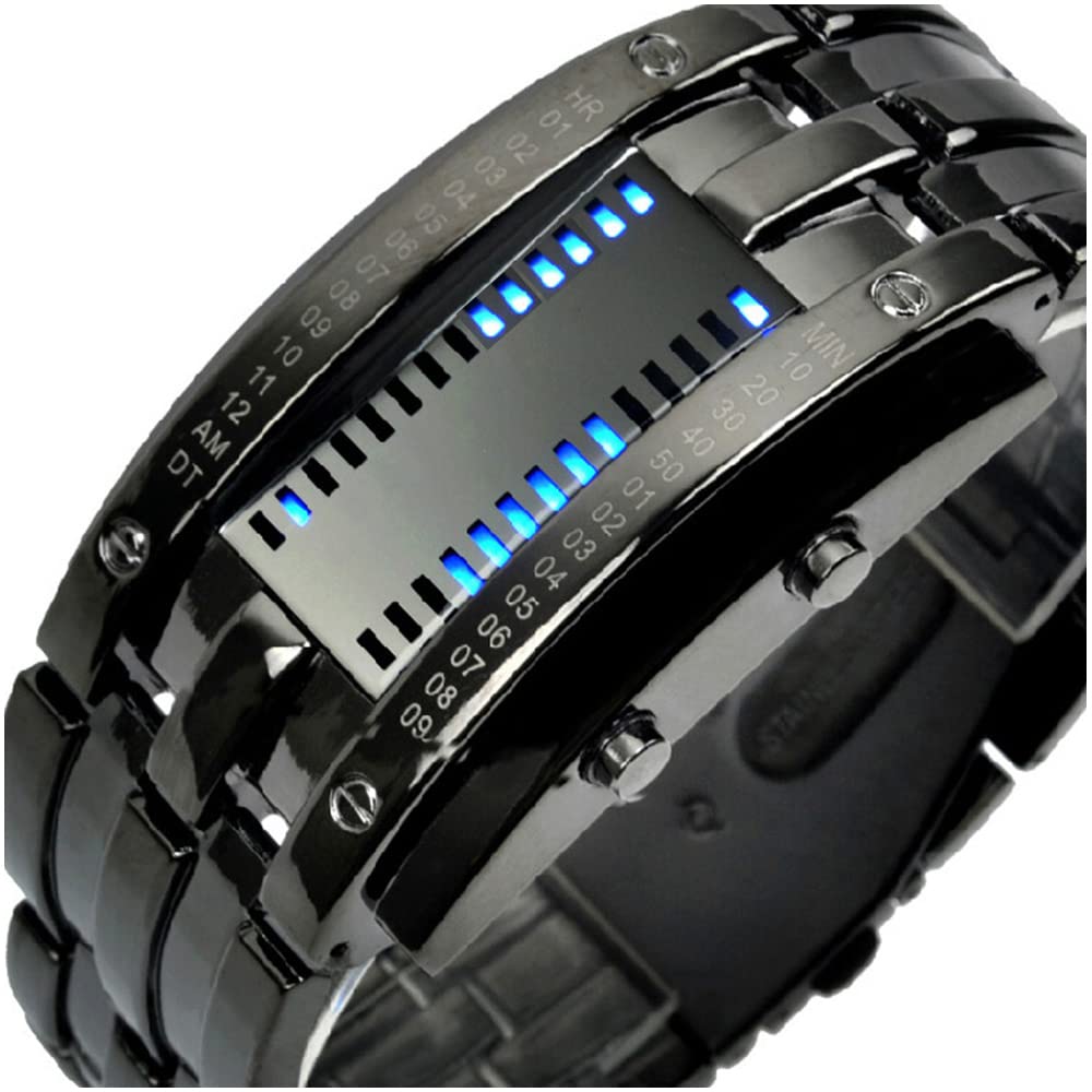 Reginald Fashion Mens Binary Sports Watch Digital LED Matrix Waterproof Outdoor Casual Black Bracelet Blue Backlit Men's Square Watch (Black)