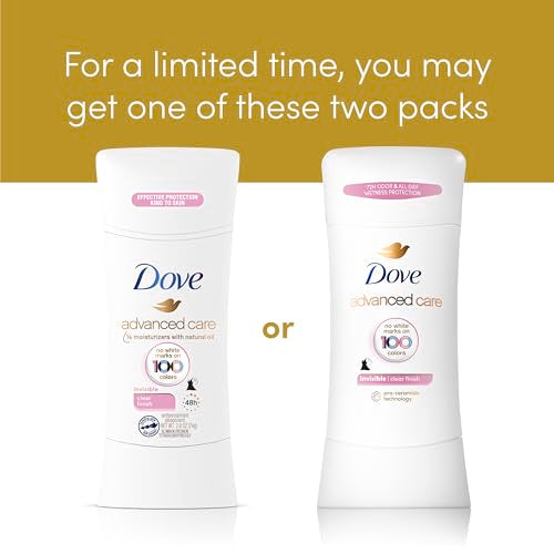 Dove Advanced Care Antiperspirant Deodorant Stick Clear Finish 4 Count deodorant that doesn’t stain clothes 72-hour odor control and all-day sweat protection with Pro-Ceramide Technology 2.6 oz