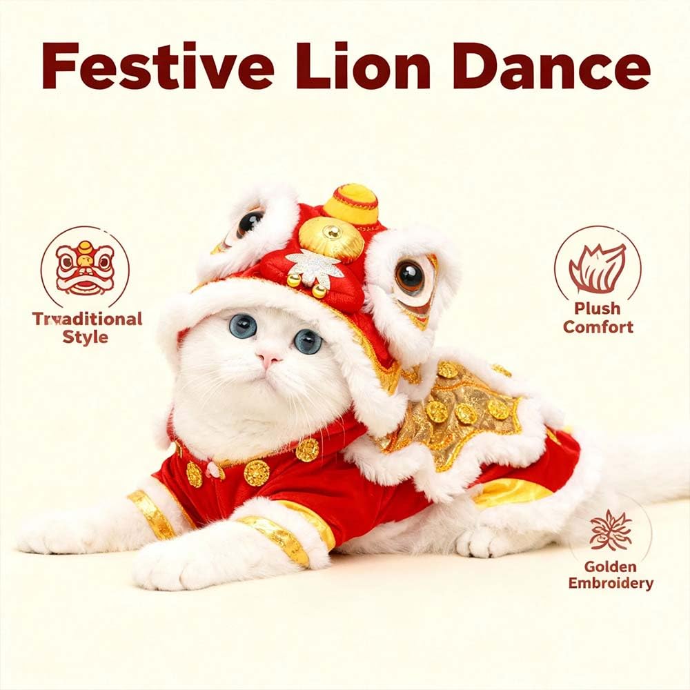 Chinese Lion Dance Dog Costume, Chinese New Year Dog Outfit, Spring Festival Pet Clothes Hoodie Coat (Light Pink,Large)