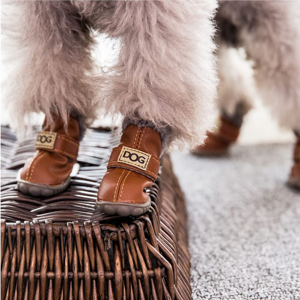 Hdwk&Hped Warm Dog Snow Boots Waterproof PU Small Dog Boots Anti-Slip Pet Shoes Paw Protector for Winter 2 Styles #1-#5 (Solid Style - Brown, #3)