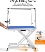 POLIMO LED Professional Electric Dog Grooming Table - 50" Heavy Duty Dog Grooming Station with LED, Button & Foot Control, Grooming Arm, Leveling Wheels, Anti-Slip Top & Tool Organizer (50", White)