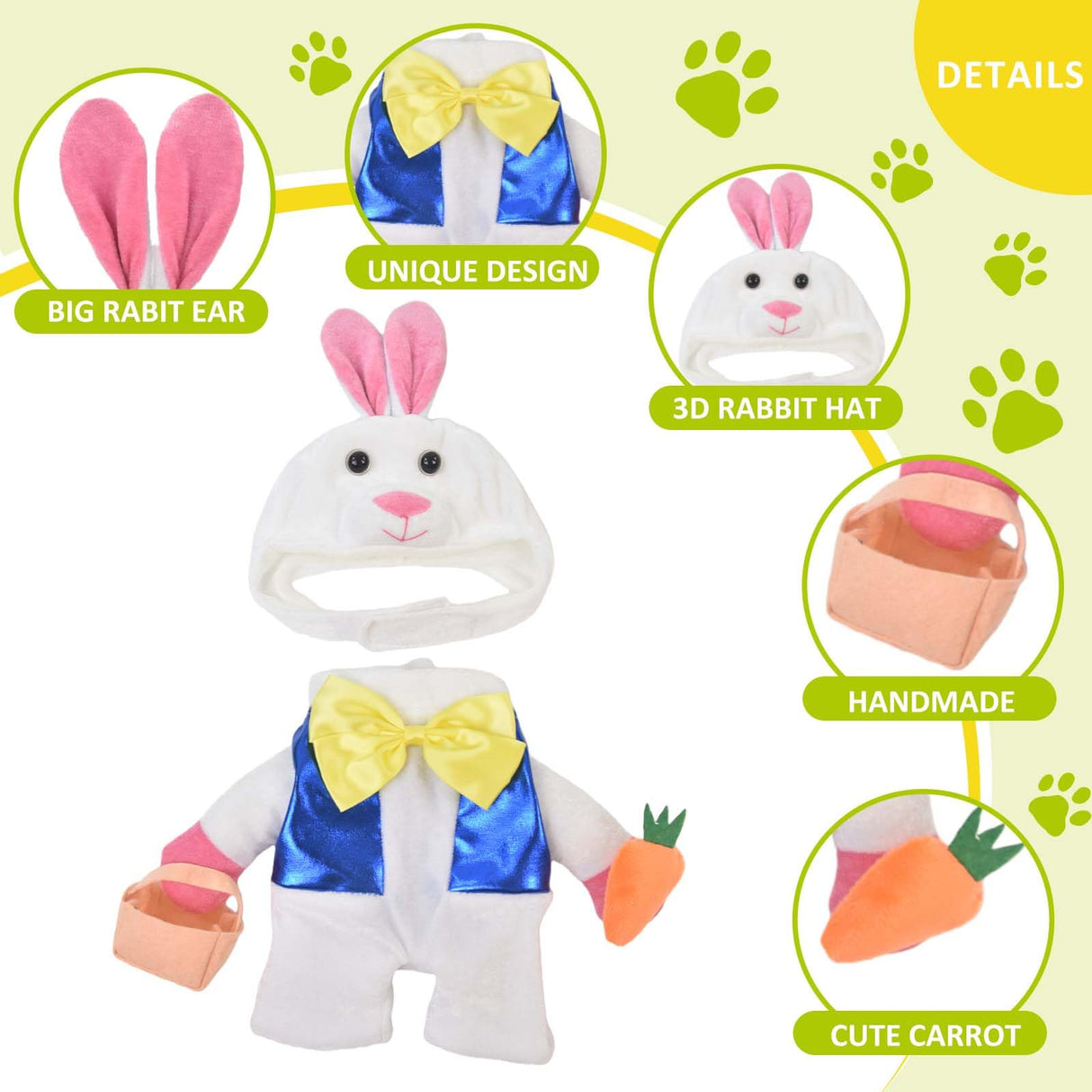 MuYaoPet Easter Bunny Dog Costume,3D Pet Rabbit Hat with Ears,Funny Cat Clothes Halloween Eater Party Mascot Outfit for Small Medium Dogs,Easter Egg Hunt Photo Props,L