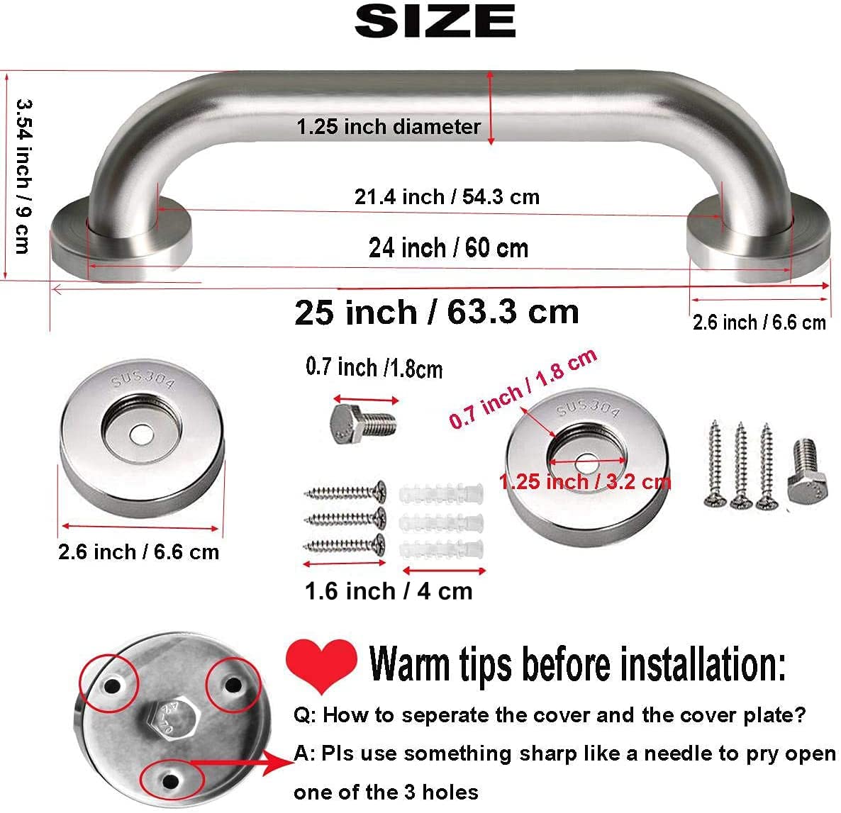 2 Pack 24 Inch Satin Brush Nickel Shower Grab Bar - 1.25" Diameter,ZUEXT Stainless Steel Bathroom Grab Bar, Bath Balance Bar,Safety Hand Rail Support, Handicap Injury Elderly Senior Assist Bath Handle