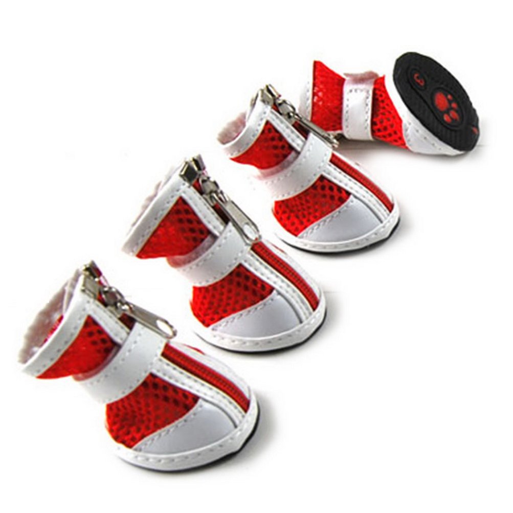 ZUNEA Small Dog Shoes for Hot Pavement Summer Breathable Mesh Boots Adjustable Non Slip Zipper Pet Dogs Booties White PU Paw Protector Red 3#