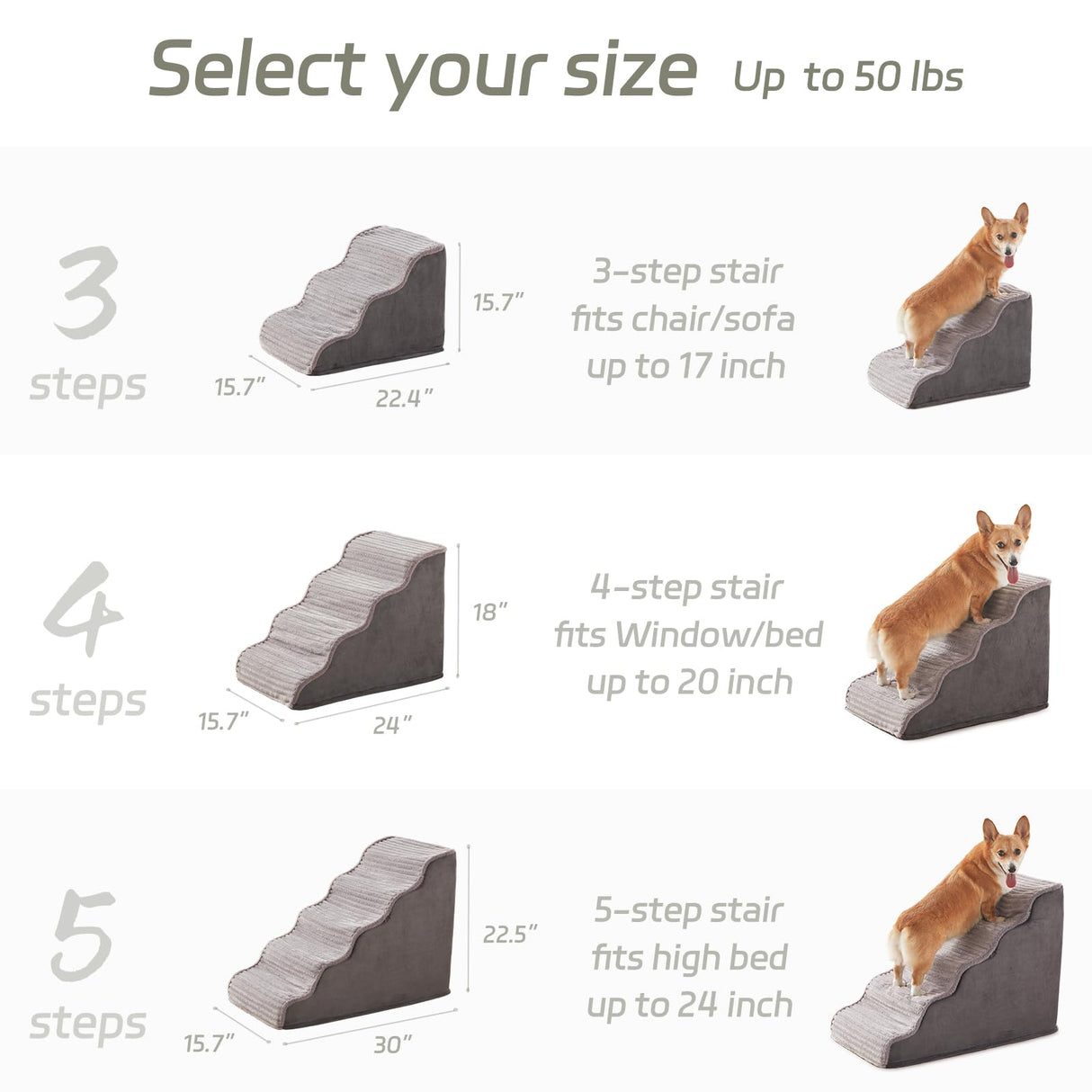 Laojin Balhen Dog Stairs for Small Dogs and Cats 18" H, High Density Support Foam Dog Steps Ramp for Bed and Couch, Pet Stairs with Non-Slip Bottom and Remove Washable Cover, 4-Step Pet Steps, Grey