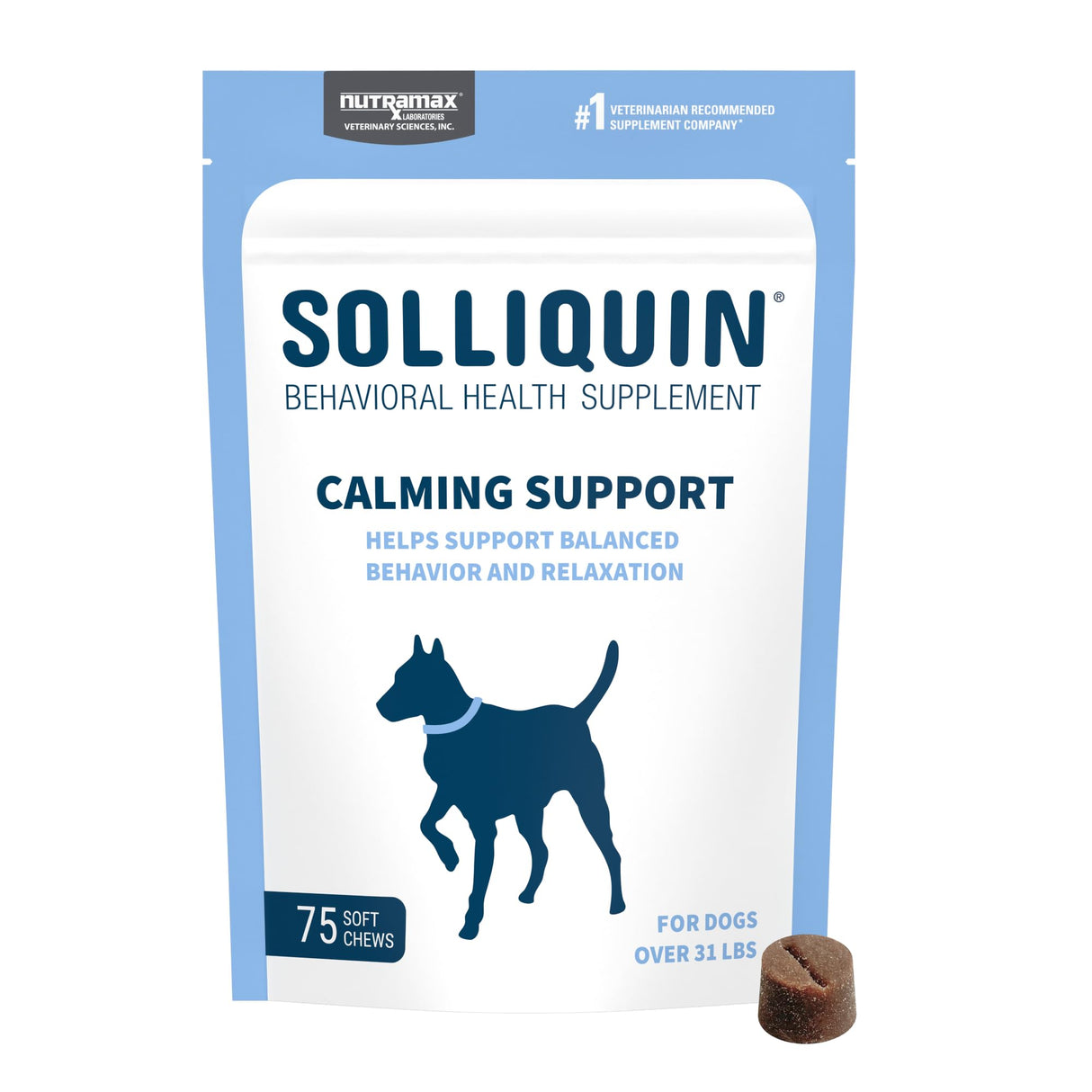 Nutramax Solliquin Calming Support for Dogs, Behavioral Health Supplement with L-Theanine, Magnolia/Phellodendron, and Whey Protein Concentrate, Soft Chews, 75 Count