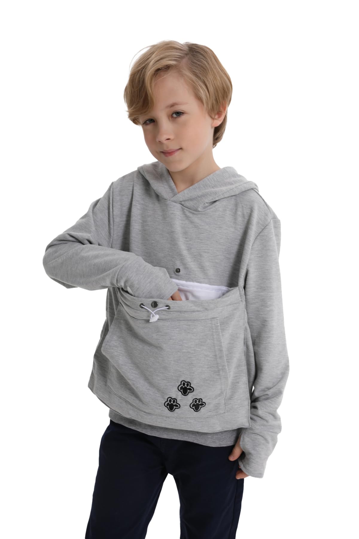 Boys Girls Cat Pouch Hoodie - Kitten Puppy Carrier Holder Sweatshirt Long Sleeve Cat Ear Pullover Tops Grey