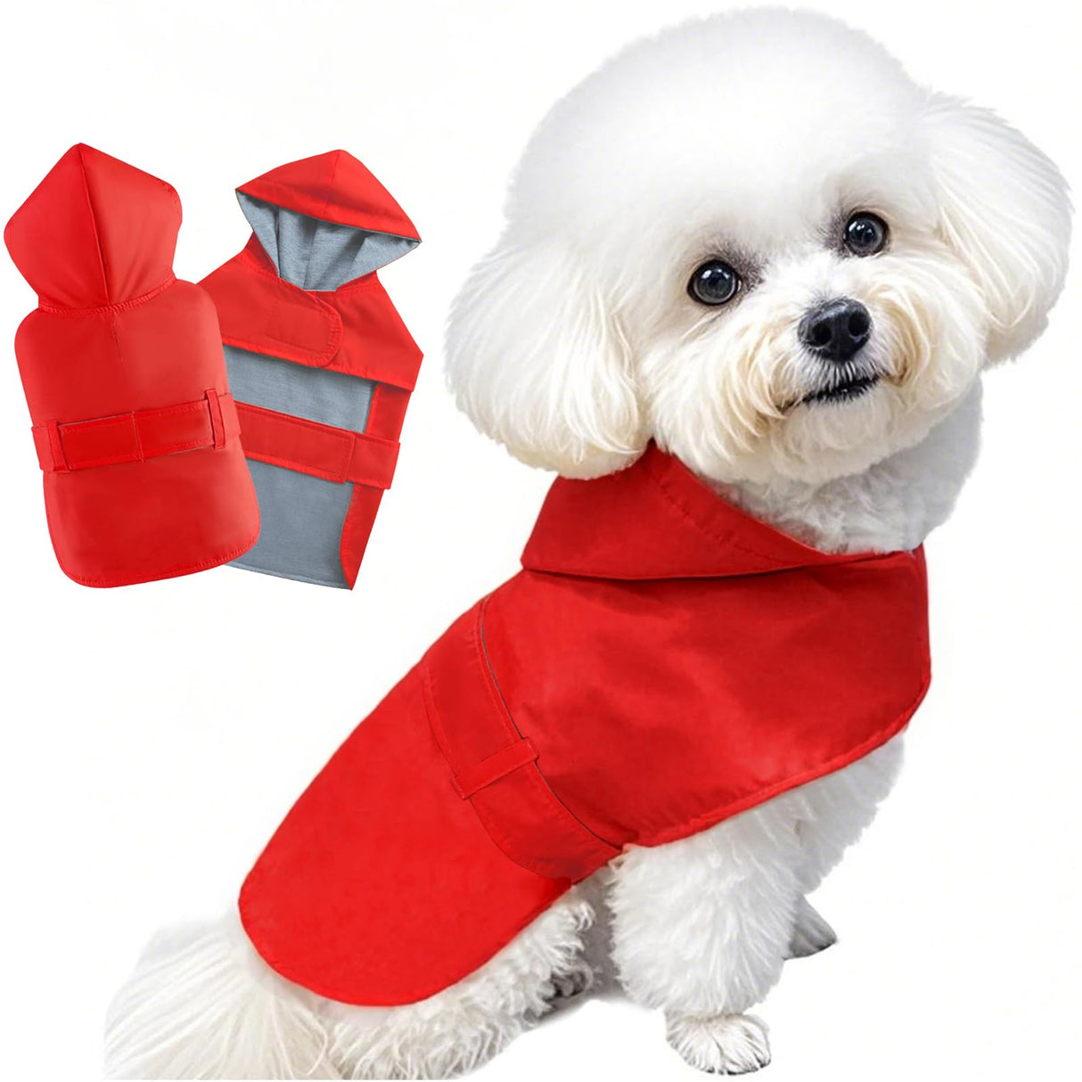 BECNBEAU Dog Raincoat Small Dog Rain Jacket Poncho Waterproof Snowproof Pet Rain Suit Double-Layered Warm Lining Hooded Leash Hole Adjustable Puppy Small Medium Dogs,Red,S,Back Length 6.5-8.5 inches