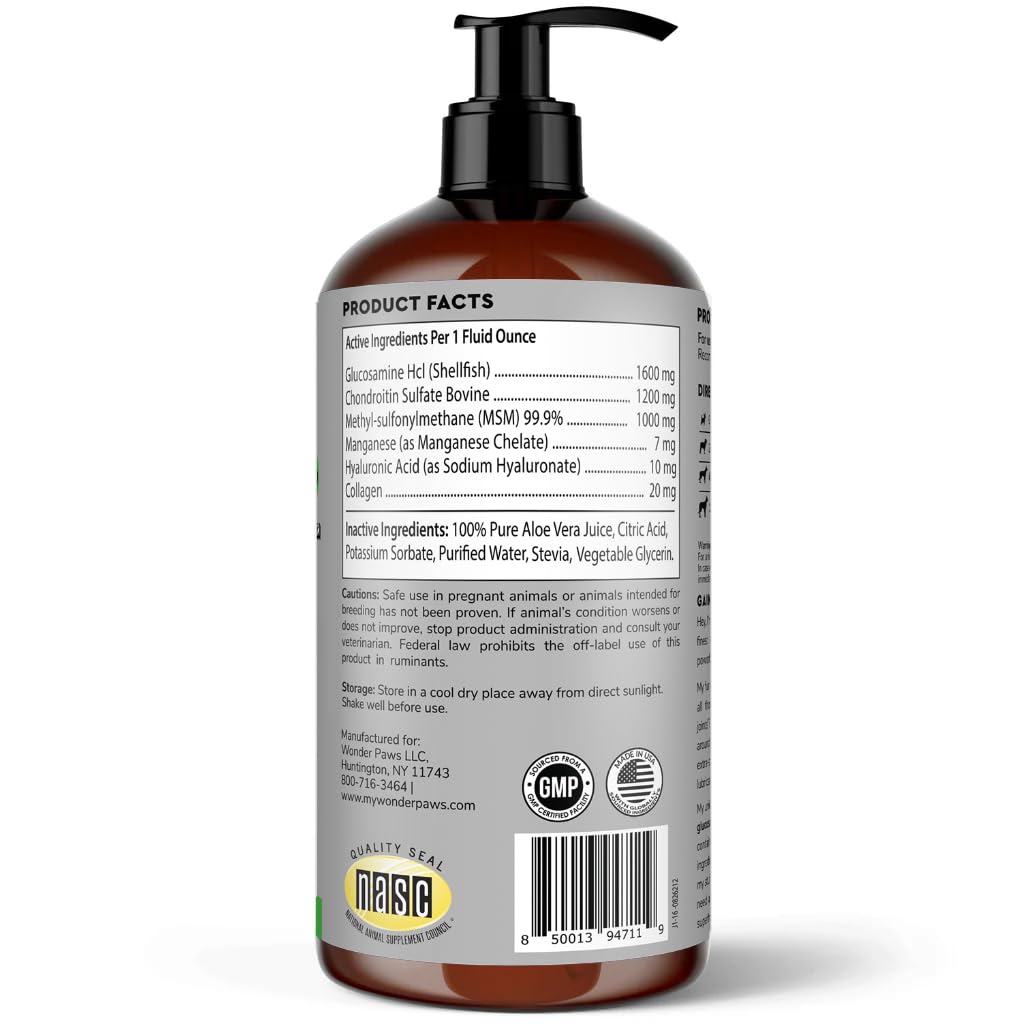 WONDER PAWS Premium Liquid Glucosamine for Dogs Strength Joint Support, Flexibility, Cartilage & Mobility - Hip and Joint Supplement with Chondroitin, MSM, Collagen & Hyaluronic Acid (16 Oz)