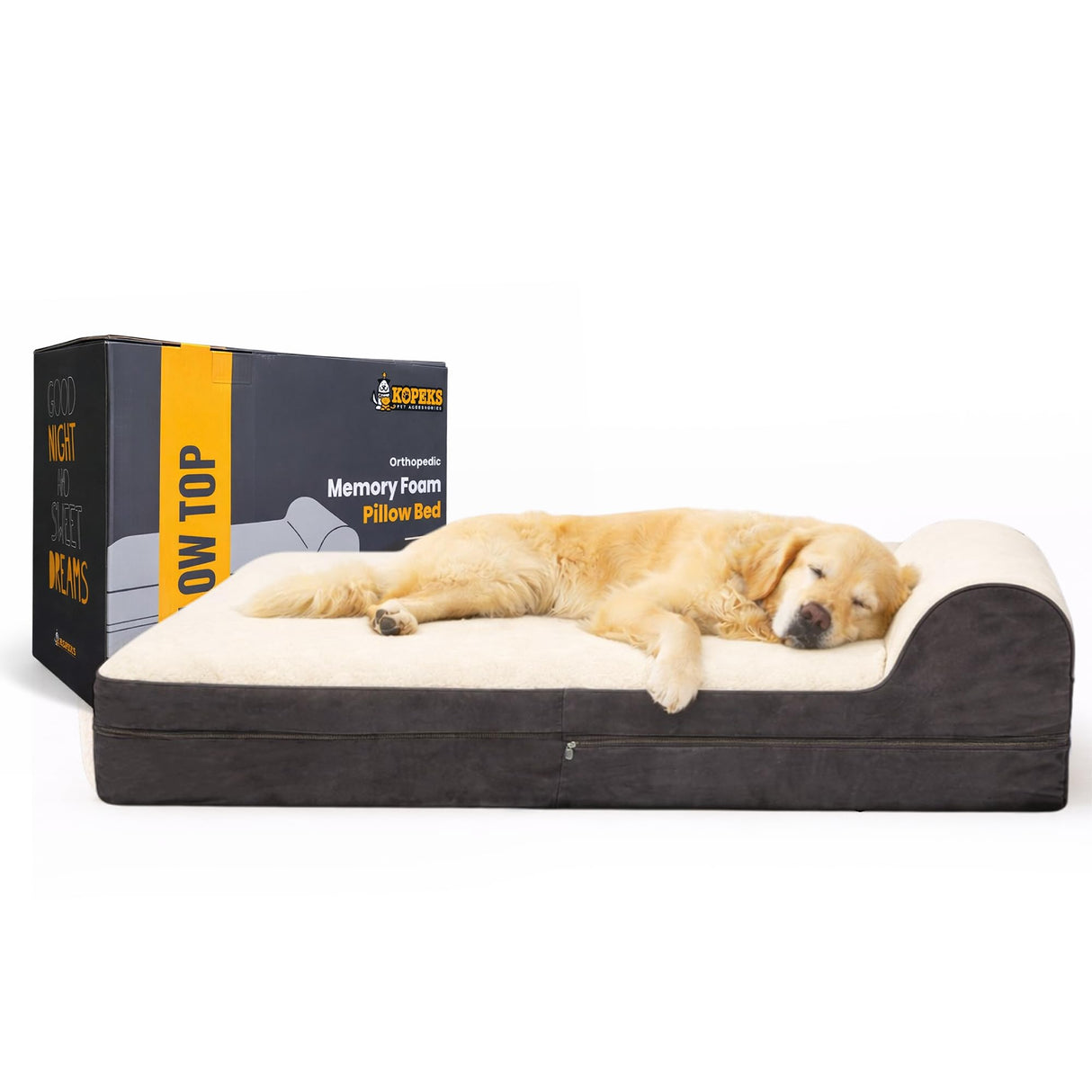 KOPEKS Jumbo Orthopedic Dog Bed - 7-inch Thick Memory Foam Pet Bed with Pillow with Removable Cover & Free Waterproof Liner - for Large Breed Dogs, XL, Brown-Plush Top