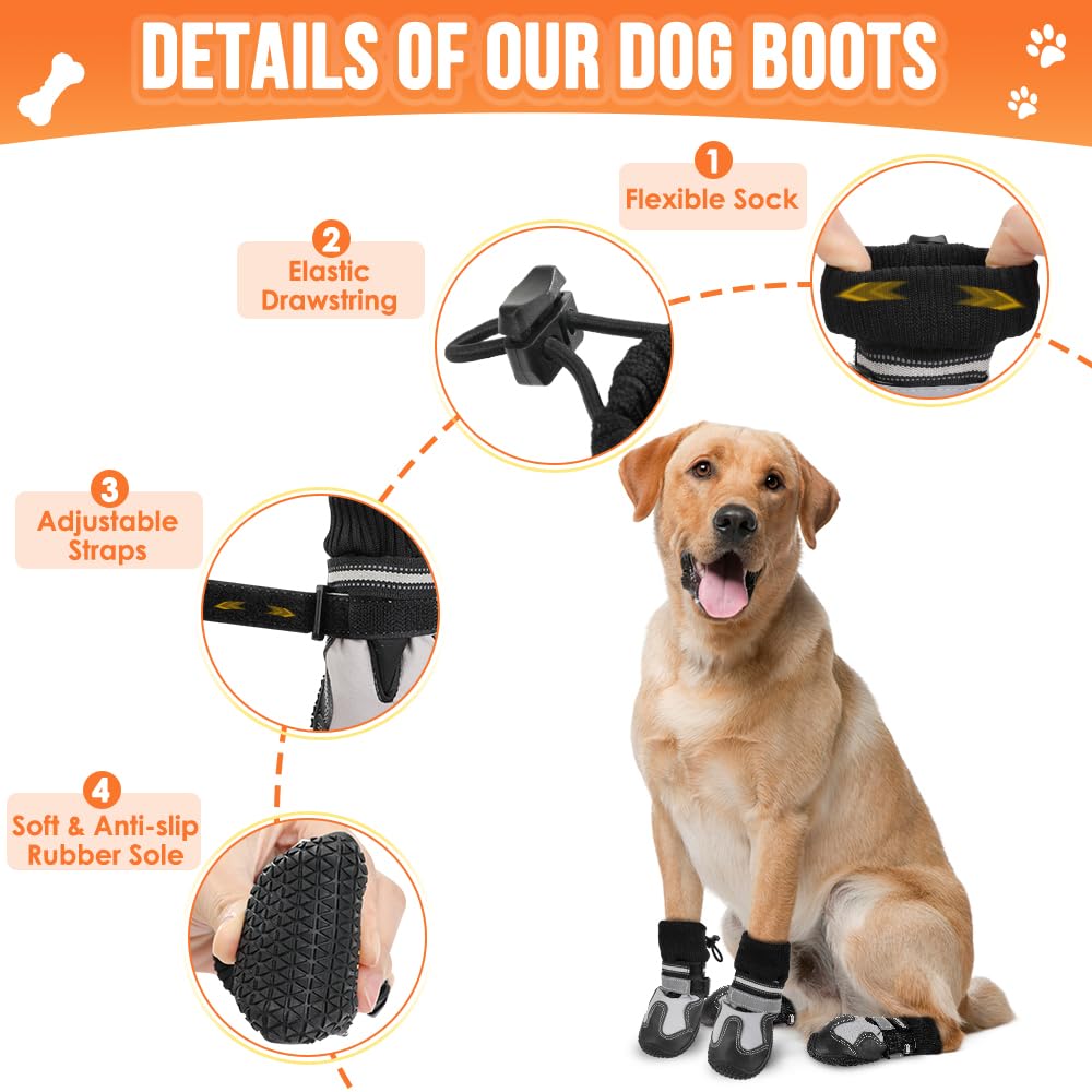 Lukovee Dog Shoes - Waterproof Warm Fleece Lined Dog Booties for Small Medium Large Dogs, Non-Slip Adjustable Dog Boot for Winter Cold Weather (GY,Size 8)