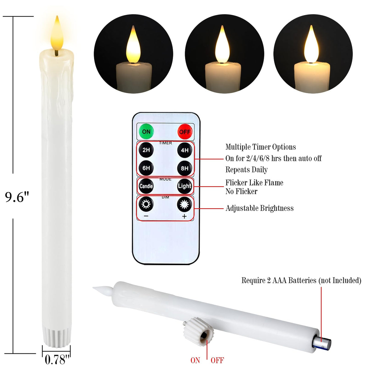 Homemory Real Wax LED Flameless Taper Candles with Timer, 9.6 Inches White Drip Candles for Fireplace, Christmas, Halloween
