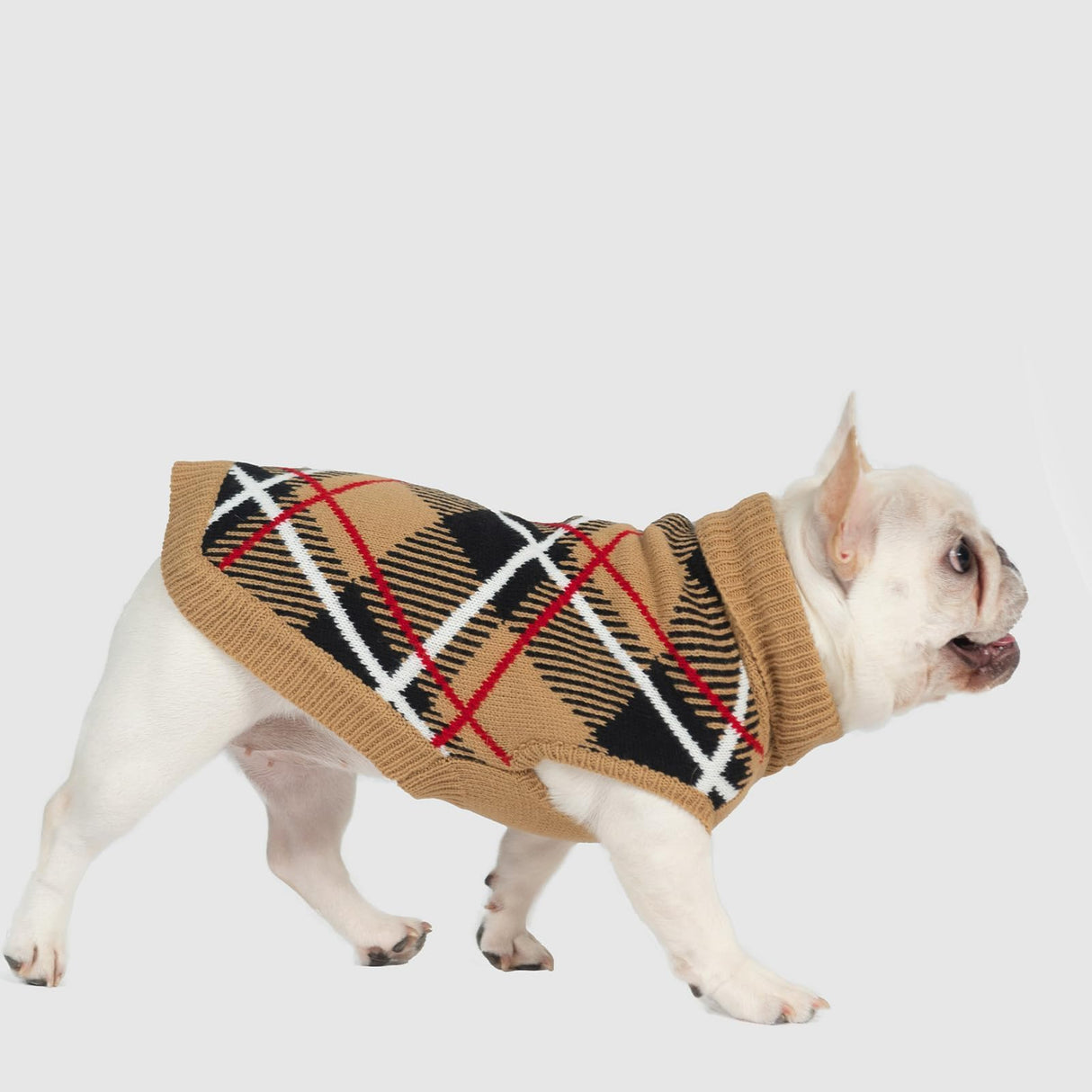 EXPAWLORER Fall Dog Sweater for Small Medieum Large Dogs, Knitted Pullover Turtleneck Cold Weather Classic Plaid Pet Clothes Sweatshirt Outfits for Winter, Girl/Boy Knitwear with Leash Hole Beige ML