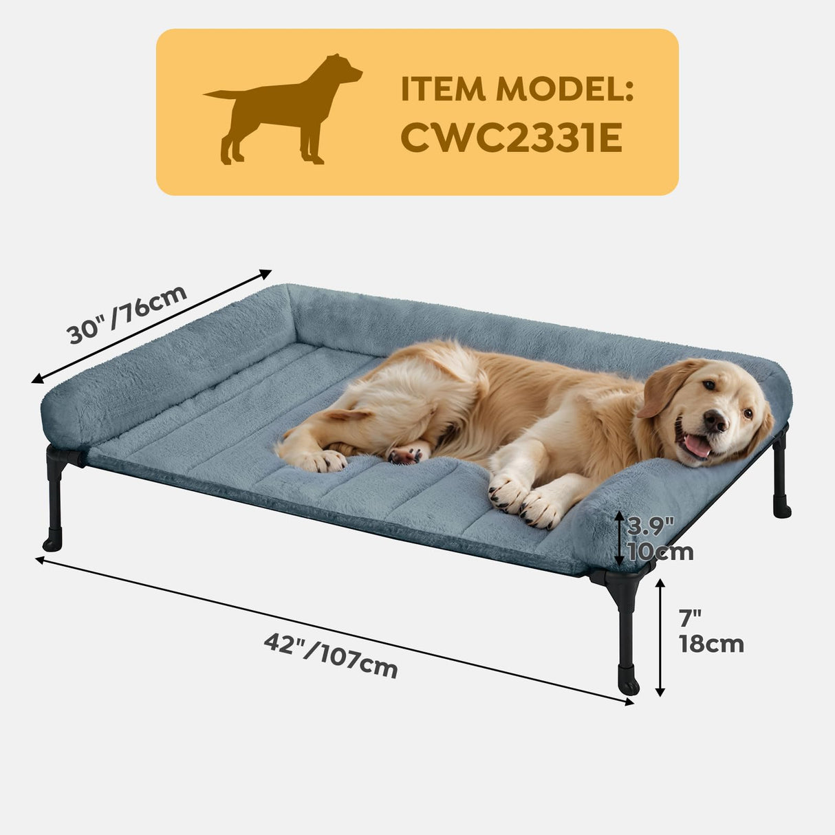 Veehoo Orthopedic Elevated Dog Bed with Fluffy Plush Bolster Cushion, Indoor Raised Dog Beds for Large Dogs, Soft Pet Sofa Cot with Removable Washable Mat, No-Slip Feet, 42 x 30 inches, Haze Blue