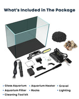 Wonderfactory 5 Gallon Small Aquarium Set Glass Fish Tank 6 Gallon, Starter Kit with Heater Water Pump Cleaning System Filter Bright Light Rocks Gravel Cleaning Tool, Clear Rimless Betta Plants