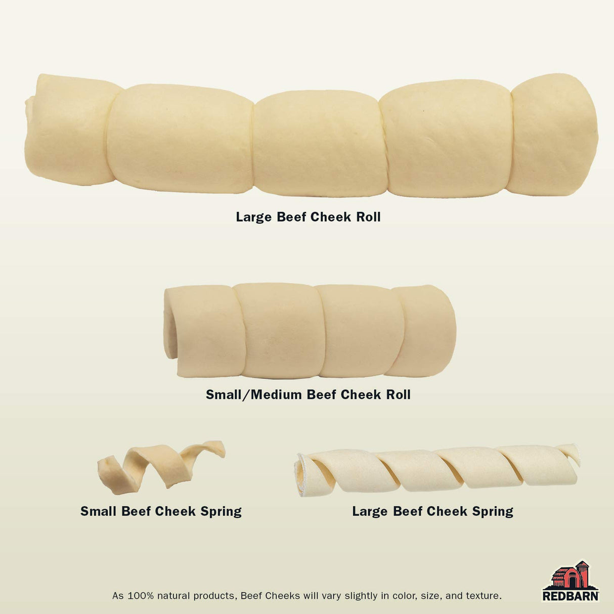 Redbarn Pet Products All-Natural Large Beef Cheek Rolls for Dogs, Uncoated - Single Ingredient Grain-Free Chew Treat Naturally Rich in Collagen - No Artificial Preservatives - Pack of 4
