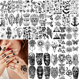 65 Sheets Black Realistic Flower Temporary Tattoos For Women Arm Thigh, 3D Fake Tattoos That Look Real And Last Long, Temp Rose Sketch Moon Snake Peony Floral Tattoo Stickers For Adults Girls