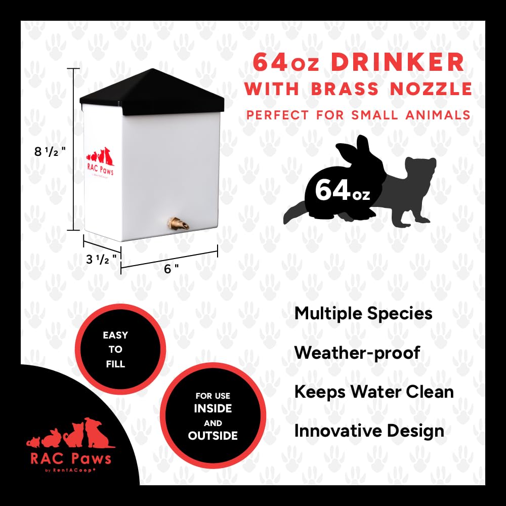 RentACoop 64oz(2L) Small Animal Drinker with Sliding Lid and No-Drip Brass Nozzle - Suitable for Small Pets, Bunnies, Hamsters, Guinea Pigs, Hedgehogs, Rabbits, Chinchillas, Mice and Rats