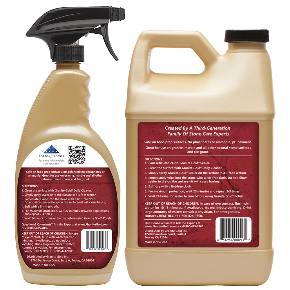 Granite Gold Water-Based Sealer Spray Protection for Granite, Marble, Travertine, Natural Stone Countertops, 64 Fluid Ounces and 24 Fluid Ounces